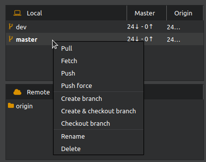 GitQlient - Local branches current branch options